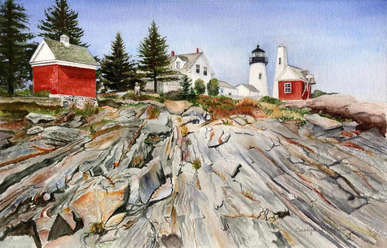 Watercolor painting of Pemaquid Point Lighthouse on the Maine coast