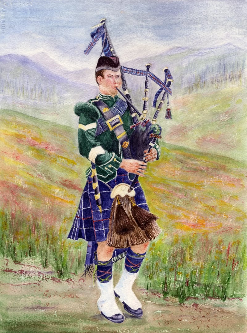 Watercolor of a bagpiper in traditional Scottish dress