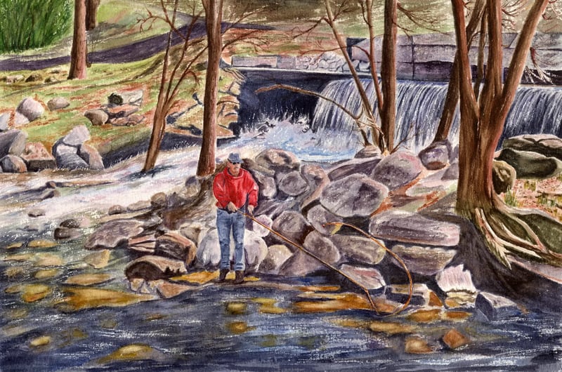 Watercolor of fishing on Belgrade Lakes, Maine