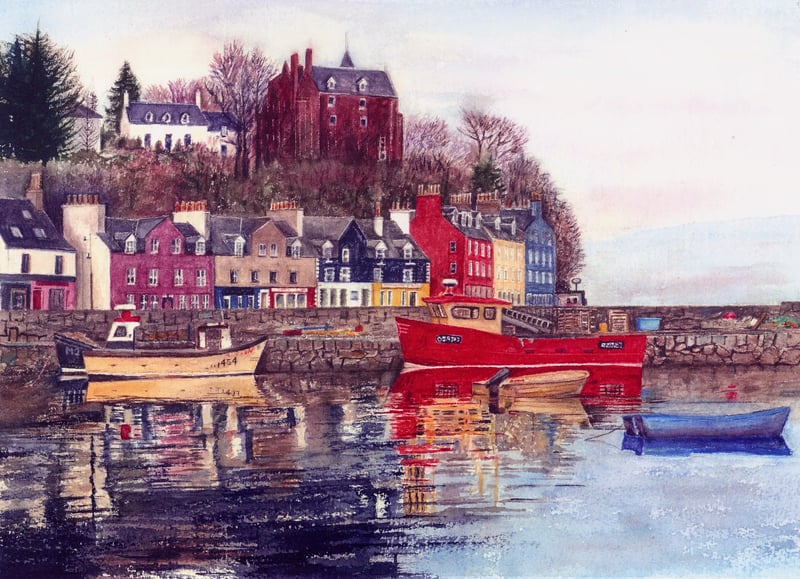 Watercolor of the harbour town of Tobermory, Isle of Mull, Scotland