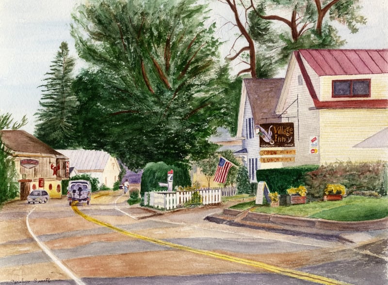 Watercolor of Main Street in Belgrade Lakes, Maine