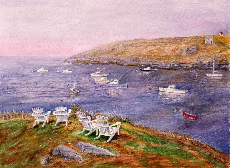 Watercolor landscape of Monhegan Island, Maine