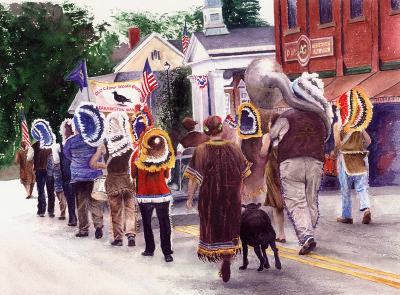 Watercolor of the Old Crow Indian Band parade in Farmington, Maine