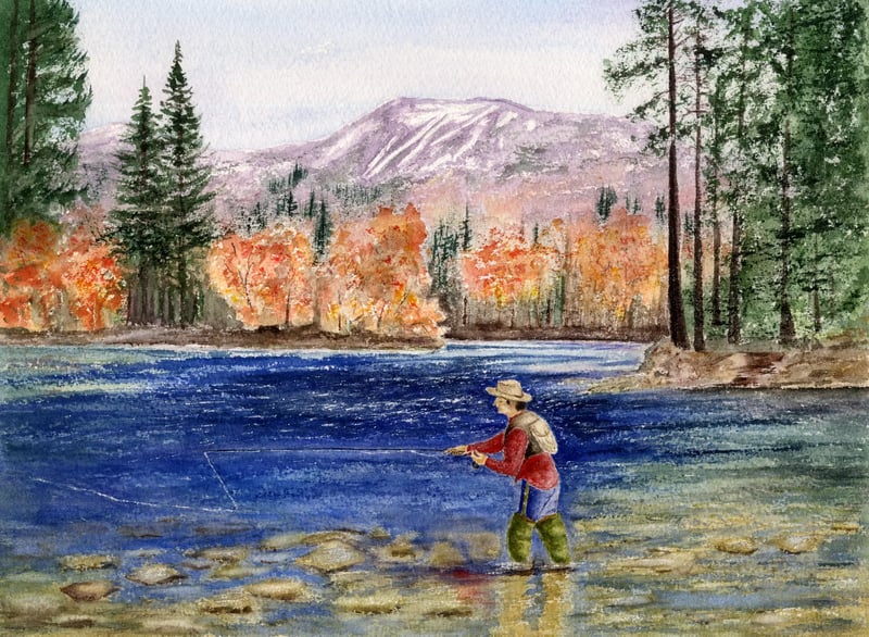 Watercolor of a fly fisherman in a river below an autumn mountain