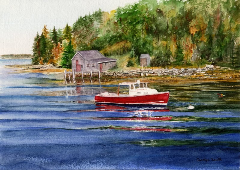 Watercolor coastal scene of South Bristol, Maine