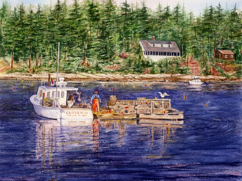 Watercolor coastal scene of Southport, Maine