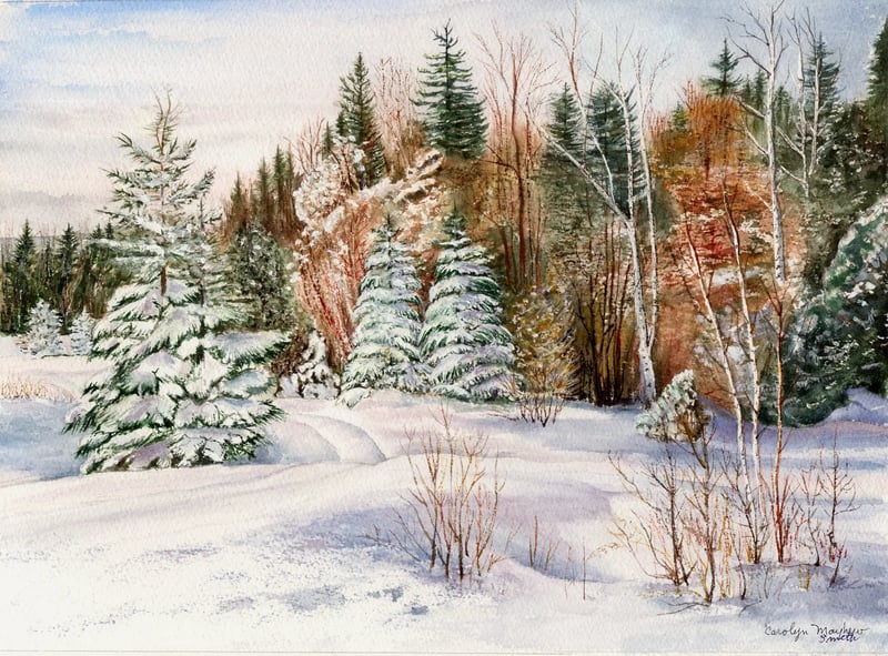 Watercolor winter landscape in New Vineyard, Maine